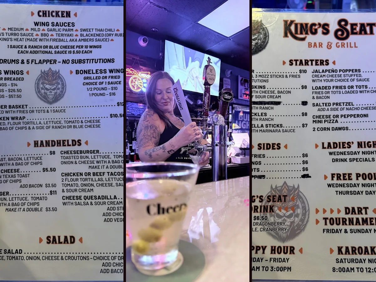 Casual bar tables with sports screens nearby.