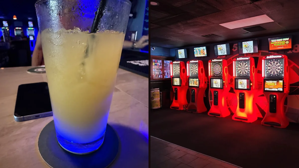 Darts area with drinks and pub seating.