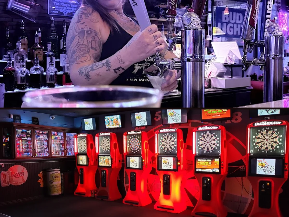 Casual bar tables with sports screens nearby.