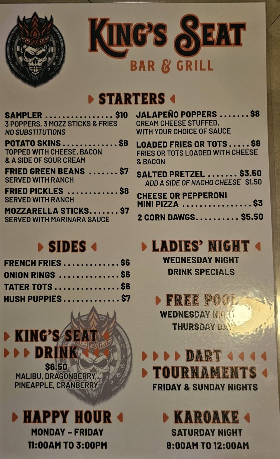 Menu page showing chicken wings and bar snacks.